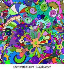 Tracery seamless pattern. Mehndi design. Ethnic colorful doodle texture. Curved doodling background. Vector