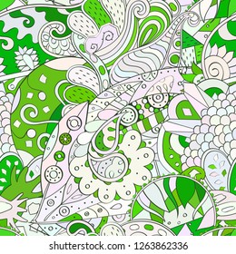 Tracery seamless pattern. Mehndi design. Ethnic colorful doodle texture. Curved doodling background. Vector