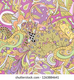 Tracery seamless pattern. Mehndi design. Ethnic colorful doodle texture. Curved doodling background. Vector