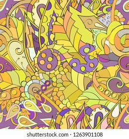 Tracery seamless pattern. Mehndi design. Ethnic colorful doodle texture. Curved doodling background. Vector