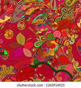 Tracery seamless pattern. Mehndi design. Ethnic colorful doodle texture. Curved doodling background. Vector