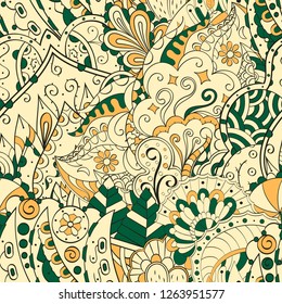 Tracery seamless pattern. Mehndi design. Ethnic colorful doodle texture. Curved doodling background. Vector