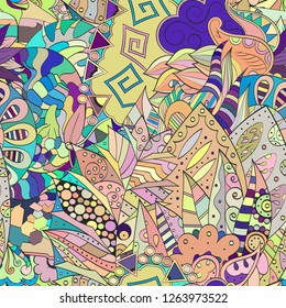 Tracery seamless pattern. Mehndi design. Ethnic colorful doodle texture. Curved doodling background. Vector