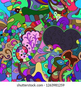 Tracery seamless pattern. Mehndi design. Ethnic colorful doodle texture. Curved doodling background. Vector