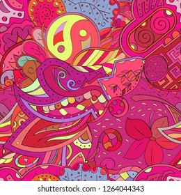 Tracery seamless pattern. Mehndi design. Ethnic colorful doodle texture. Curved doodling background. Vector