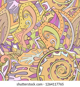 Tracery seamless pattern. Mehndi design. Ethnic colorful doodle texture. Curved doodling background. Vector