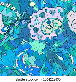 Tracery seamless pattern. Mehndi design. Ethnic colorful doodle texture. Curved doodling background. Vector