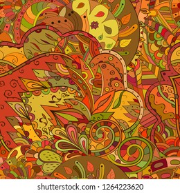 Tracery seamless pattern. Mehndi design. Ethnic colorful doodle texture. Curved doodling background. Vector