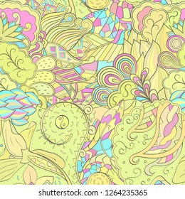 Tracery seamless pattern. Mehndi design. Ethnic colorful doodle texture. Curved doodling background. Vector