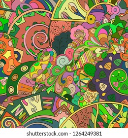 Tracery seamless pattern. Mehndi design. Ethnic colorful doodle texture. Curved doodling background. Vector
