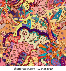 Tracery seamless pattern. Mehndi design. Ethnic colorful doodle texture. Curved doodling background. Vector