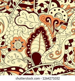 Tracery seamless pattern. Mehndi design. Ethnic colorful doodle texture. Curved doodling background. Vector