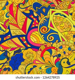 Tracery seamless pattern. Mehndi design. Ethnic colorful doodle texture. Curved doodling background. Vector