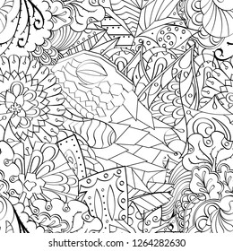 Tracery seamless pattern. Mehndi design. Ethnic monochrome binary doodle texture. Curved doodling black and white background. Vector