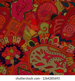 Tracery seamless pattern. Mehndi design. Ethnic colorful doodle texture. Curved doodling background. Vector