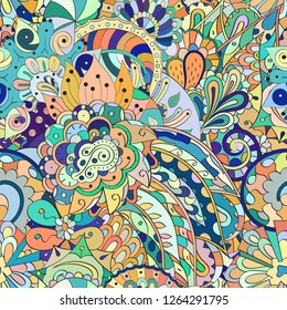 Tracery seamless pattern. Mehndi design. Ethnic colorful doodle texture. Curved doodling background. Vector