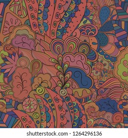 Tracery seamless pattern. Mehndi design. Ethnic colorful doodle texture. Curved doodling background. Vector