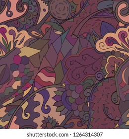 Tracery seamless pattern. Mehndi design. Ethnic colorful doodle texture. Curved doodling background. Vector
