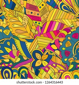Tracery seamless pattern. Mehndi design. Ethnic colorful doodle texture. Curved doodling background. Vector