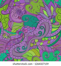 Tracery seamless pattern. Mehndi design. Ethnic colorful doodle texture. Curved doodling background. Vector