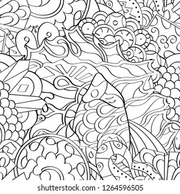 Tracery seamless pattern. Mehndi design. Ethnic monochrome binary doodle texture. Curved doodling black and white background. Vector