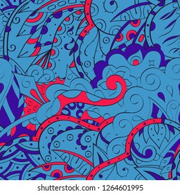 Tracery seamless pattern. Mehndi design. Ethnic colorful doodle texture. Curved doodling background. Vector