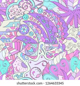 Tracery seamless pattern. Mehndi design. Ethnic colorful doodle texture. Curved doodling background. Vector