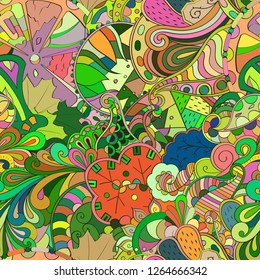 Tracery seamless pattern. Mehndi design. Ethnic colorful doodle texture. Curved doodling background. Vector