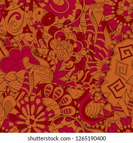 Tracery seamless pattern. Mehndi design. Ethnic colorful doodle texture. Curved doodling background. Vector