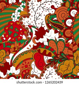 Tracery seamless pattern. Mehndi design. Ethnic colorful doodle texture. Curved doodling background. Vector