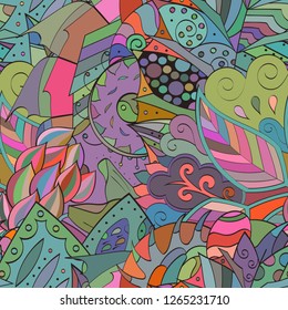 Tracery seamless pattern. Mehndi design. Ethnic colorful doodle texture. Curved doodling background. Vector