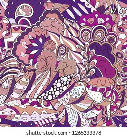 Tracery seamless pattern. Mehndi design. Ethnic colorful doodle texture. Curved doodling background. Vector