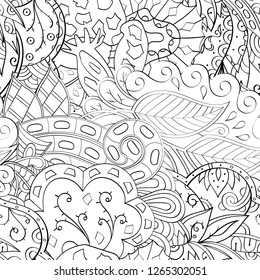 Tracery seamless pattern. Mehndi design. Ethnic monochrome binary doodle texture. Curved doodling black and white background. Vector