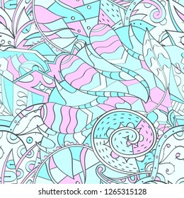 Tracery seamless pattern. Mehndi design. Ethnic colorful doodle texture. Curved doodling background. Vector