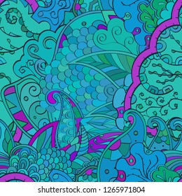 Tracery seamless pattern. Mehndi design. Ethnic colorful doodle texture. Curved doodling background. Vector