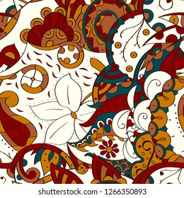 Tracery seamless pattern. Mehndi design. Ethnic colorful doodle texture. Curved doodling background. Vector