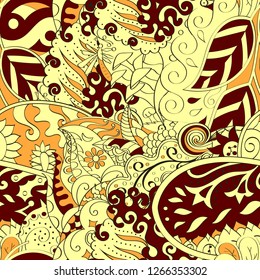 Tracery seamless pattern. Mehndi design. Ethnic colorful doodle texture. Curved doodling background. Vector