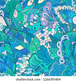 Tracery seamless pattern. Mehndi design. Ethnic colorful doodle texture. Curved doodling background. Vector