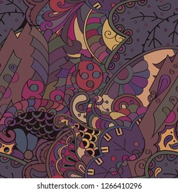 Tracery seamless pattern. Mehndi design. Ethnic colorful doodle texture. Curved doodling background. Vector