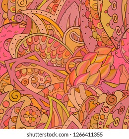 Tracery seamless pattern. Mehndi design. Ethnic colorful doodle texture. Curved doodling background. Vector