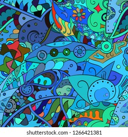 Tracery seamless pattern. Mehndi design. Ethnic colorful doodle texture. Curved doodling background. Vector