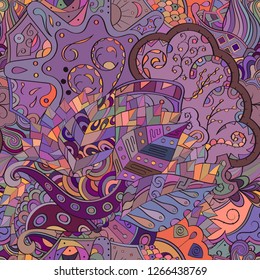 Tracery seamless pattern. Mehndi design. Ethnic colorful doodle texture. Curved doodling background. Vector