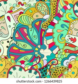 Tracery seamless pattern. Mehndi design. Ethnic colorful doodle texture. Curved doodling background. Vector