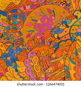 Tracery seamless pattern. Mehndi design. Ethnic colorful doodle texture. Curved doodling background. Vector