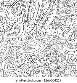 Tracery seamless pattern. Mehndi design. Ethnic monochrome binary doodle texture. Curved doodling black and white background. Vector