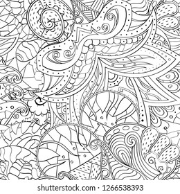 Tracery seamless pattern. Mehndi design. Ethnic monochrome binary doodle texture. Curved doodling black and white background. Vector