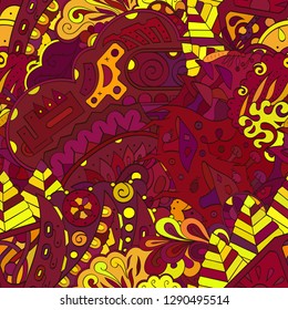 Tracery seamless pattern. Mehndi design. Ethnic colorful doodle texture. Curved doodling background. Vector