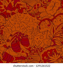 Tracery seamless pattern. Mehndi design. Ethnic colorful doodle texture. Curved doodling background. Vector