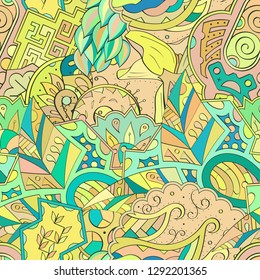 Tracery seamless pattern. Mehndi design. Ethnic colorful doodle texture. Curved doodling background. Vector