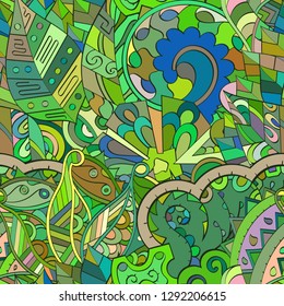 Tracery seamless pattern. Mehndi design. Ethnic colorful doodle texture. Curved doodling background. Vector